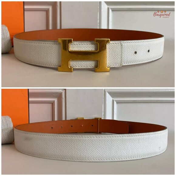 Authentic HERMES 32mm White/Orange Leather H Gold Reversible Buckle Belt 75/30 main image 6